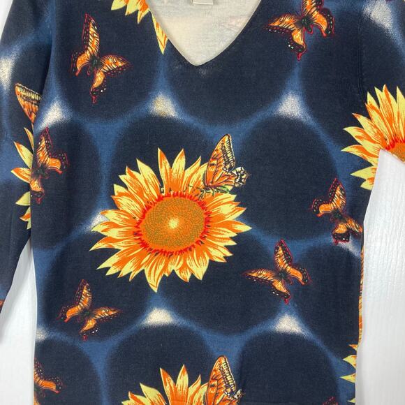JOSEPH A. Sweater Top L Silk Floral Butterfly Black-Orange-Yellow Knit Long-Slev - Picture 4 of 7
